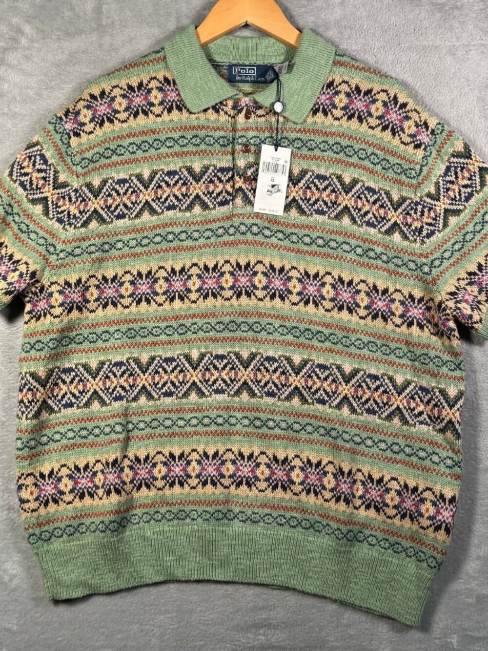 Polo Ralph Lauren Sweater Mens XL Green Fair Isle Linen Cashmere Knit Shirt $468